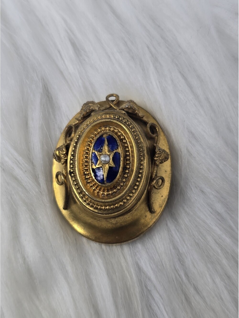 Antique Victorian Mourning Locket Brooch Blue Enamel Pearl